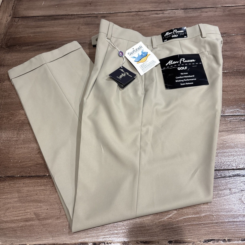 ALAN FLUSSER Men's Pleated Golf Pants - 32 x30with cuff 100% poly - Cream‎